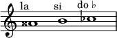 
    \relative c'' {
      \time 3/1
      \override Staff.TimeSignature #'stencil = ##f
      aisis1^\markup { \center-align "la 𝄪" }
      b^\markup { \center-align "si" }
      ces^\markup { \center-align "do ♭" }
    }
  