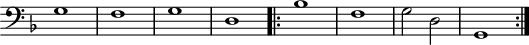 
\version "2.14.2"
\header {
  tagline = ##f
}

\score {
  \new Staff \with {
    \remove "Time_signature_engraver"

  }
<<
  \relative c' {
    \key f \major
    \clef bass
    \time 2/2
    \tempo 2 = 80
    \override TupletBracket #'bracket-visibility = ##f 
    \autoBeamOff
    \set Staff.midiInstrument = #"harpsichord"

     %%%%%%%% Passamezzo antico

     g1 f g d
     \repeat volta 2 { bes'1 f g2 d g,1 }

  }
>>
  \layout {
    \context { \Score \remove "Metronome_mark_engraver" }
    \context {
      \remove "Metronome_mark_engraver"
    }
  }
  \midi {}
}
