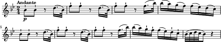 
\relative c'' {
  \version "2.18.2"
  \tempo "Andante"
  \key bes \major
  \time 2/4
  \tempo 4 = 60
  bes8-!\p bes8-! r8 d16. (bes32)
  f'8-!  f-! r8 d16. (bes32)
  f'8-!  f-! r8 f16. (bes32)
  bes16 (a) g (f) f (ees) d (c)
  bes8-! bes8-! r8 d16. (bes32)
  f'8-!  f-! r8 d16. (bes32)
  f'8-!  f-! r8 f16. (bes32)
  bes16 (a) g-! f-! f (ees) d-! c-!
  bes32 (c d c bes8) r4
}
