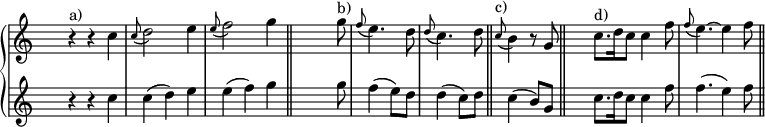 
\new PianoStaff <<
   \new Staff <<
    \override Staff.TimeSignature.transparent = ##t
\relative c'' {
\time 3/4 r4^"a)" r c4 \appoggiatura c8 d2 e4 \appoggiatura e8 f2 g4 \bar "||"
\time 2/4 s4. g8^"b)" \appoggiatura f e4. d8 \appoggiatura d8 c4. d8 \bar "||"
\appoggiatura c8^"c)" b4 r8 g \bar "||"
\time 6/8 c8.^"d)" d16 c8 c4 f8 \appoggiatura f8 e4. ~ e4 f8 \bar "||"

     }
     >>

    \new Staff <<
    \override Staff.TimeSignature.transparent = ##t
\relative c''' {
\time 3/4 r4 r c, c( d) e e( f) g
\time 2/4 s4. g8 f4( e8) d  d4( c8) d
c4( b8) g
\time 6/8 c8. d16 c8 c4 f8 f4. ( e4) f8
}
     >>
 >>
