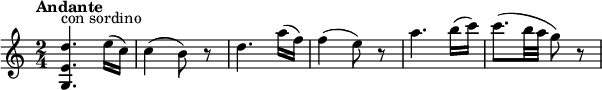 
\relative c' {
  \version "2.18.2"
  \tempo "Andante"
  \key c \major
  \time 2/4
  \tempo 4 = 70
 <g e' d'>4.^\markup {con sordino} e''16 (c) c4 (b8) r8 d4. a'16 (f) f4 (e8) r8 a4. b16 (c) c8. (b32 a g8) r8
}
