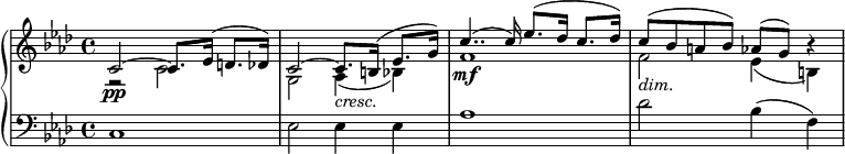 
{ \new PianoStaff <<
  \new Staff <<
    \set Staff.midiInstrument = #"string ensemble 1" \new Voice \key aes \major \clef treble \time 4/4 \set Score.tempoHideNote = ##t \tempo 4 = 45 \relative c' { \stemUp | % 1
    c2 \pp ^~ c8. es16 ^( d8. des16 ) | % 2
    c2 ^~ c8. _\markup{ \italic {cresc.} } b16 ^( es8. g16 ) | % 3
    c4.. \mf ^( c16 ) es8. ^( des16 c8. des16 ) | % 4
    c8 _\markup{ \italic {dim.} } ^( bes8 a8 bes8 ) as8 ^( g8 ) r4 }
  \new Voice \relative c' {
    \clef "treble" \key aes \major \stemDown \time 4/4 | % 1
    r2 c2 | % 2
    g2 as4 _( bes4 ) | % 3
    f'1 | % 4
    f2 es4 _(b4 ) } >>
\new Staff \relative c { \set Staff.midiInstrument = #"string ensemble 1" \key aes \major \clef bass \time 4/4
    c1 | % 2
    es2 es4 es4 | % 3
    as1 | % 4
    des2 bes4 ( f4 ) }
>> }
