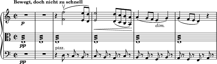 
{ \new PianoStaff <<
\new Staff \relative f' { \set Staff.midiInstrument = #"paino" \key a \minor \clef treble \time 2/2 \set Score.tempoHideNote = ##t \tempo "Bewegt, doch nicht zu schnell" 4 = 120
  R1*2\p | % 3
  r4 <f f'>2 (
  \upbow <e e'>8 <d d'>8 ) | % 4
  <e e'>2 \< <d d'>8 ( <c c'>8 <b b'>8 <a a'>8 ) | % 5
  a'4 \! ( g8 f8 e4 _\markup{ \italic {dim.} } g4 ) | % 6
  g4 ( f8 e8 d4 ) r4 }
\new Staff \relative e { \set Staff.midiInstrument = #"piano" \key a \minor \clef alto \time 2/2
  e1 \pp :32 | % 2
  e1 :32 | % 3
  e1 :32 | % 4
  e1 :32 | % 5
  e1 :32 | % 6
  e1 :32 }
\new Staff \relative d { \set Staff.midiInstrument = #"piano" \key a \minor \clef bass \time 2/2
  R1*2\pp | % 3
  r4 ^"pizz." d8 r8 c8 r8 b8 r8 | % 4
  c8 r8 b8 r8 a8 r8 c8 r8 | % 5
  b8 r8 a8 r8 g8 r8 b8 r8 | % 6
  a8 r8 g8 r8 f8 r8 a8 r8 }
>> }
