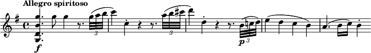 
\relative c''' {
  \override Score.NonMusicalPaperColumn #'line-break-permission = ##f
  \version "2.18.2"
  \tempo "Allegro spiritoso"
  \key g \major
  \tempo 4 = 130
  <g b, d, g,>4.\f g8 g4 r8. \times 2/3 { g32( a b } |
  c4) c,-. r r8. \times 2/3 { a'32( b cis } |
  d4) d,-. r r8. \times 2/3 { b32(\p c! d) } |
  e4( d c b) |
  a4.( b16 c) b4-.
}
