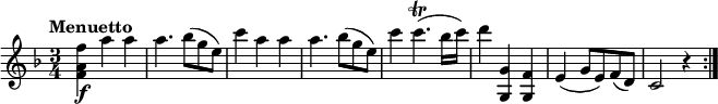 
\relative c'' {
  \version "2.18.2"
  \tempo "Menuetto"
  \key f \major
  \time 3/4
  \tempo 4 = 120
  <f, a f'>4\f a' a
  a4. bes8 (g e)
  c'4 a a
  a4. bes8 (g e)
  c'4 c4.\trill (bes16 [c])
  d4 <g,,, g'> <g f'>
  e' (g8 (e) f (d)
  c2 r4 \bar ":|."
}
