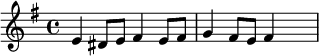 {\set Staff.midiInstrument = #"tubular bells" \key g \major e'4 dis'8 e'8 fis'4 e'8 fis'8 g'4 fis'8 e'8 fis'4 \skip4}