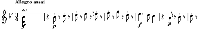 
\relative c''' {
 \tempo "Allegro assai"
 \key bes \major
 \time 3/4
 <<
 { bes2.\f | } \\
 { <bes, d,>4 s2 | }
 >>
 r4 bes8-.\p r c-. r |
 d8-. r es-. r e-. r |
 f8-. r g-. r d-. r |
 es4.\f d8 c4 |
 r4 a8-.\p r bes-. r |
 c8-. r
}
