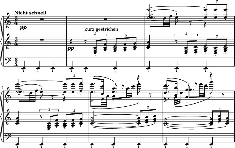 
{ \new PianoStaff <<
  \new Staff <<
    \set Score.tempoHideNote = ##t \new Voice \tempo "Nicht schnell" 4 = 120 \relative e'' {
  \clef "treble" \key a \minor \stemUp \set Staff.midiInstrument = #"piano" \time 3/4 | % 1
  s1. \pp | % 3
  <e e'>2 ~ ~ \once \override TupletBracket #'stencil = ##f
  \times 2/3  {
    <e e'>8 -! <e e'>8 <e e'>8 -.
  }
  | % 4
  <e e'>2 ~ ~ \once \override TupletBracket #'stencil = ##f
  \times 2/3  {
    <e e'>8 -! <e e'>8 <f f'>8 -.
  }
  | % 5
  <e e'>8. ^( -> <c c'>16 <a a'>8 ) -! r8 r4 | % 6
  <d d'>8. ^( -> <b b'>16 <g g'>8 ) -! r8 r4 }
  \relative e'' {
  \clef "treble" \key a \minor \stemDown \time 3/4 | % 1
  R2.*2 | % 3
  e8. ( -> d32 f32 e8 ) -! r8 r4
  | % 4
  e8. ( -> d32 f32 e8 ) -! r8 r4 | % 5
  e8. _( e,32 a32 e'8. a32 c32 e8 ) -! r8 | % 6
  r8. g,,32 _( d'32 g8. e'32 d32 g8 ) -! r8 } >>
\new Staff \relative e { \set Staff.midiInstrument = #"piano" \key a \minor \clef treble \time 3/4
  R2. | % 2
  r4 \pp \times 2/3 {
    r8 ^"kurz gestrichen" <e g c>8 -. <a c f>8 -.
  }
  \once \override TupletBracket #'stencil = ##f
  \times 2/3  {
    <g b e>8 -. <a c f>8 -. <b d g>8 -.
  }
  | % 3
  <c e a>4 \times 2/3 {
    r8 <e, g c>8 -. <f a d>8 -.
  }
  \once \override TupletBracket #'stencil = ##f
  \times 2/3  {
    <g b e>8 -. <e g c>8 -. <g b e>8 -.
  }
  | % 4
  <c e a>4 \times 2/3 {
    r8 <e, g c>8 -. <a c f>8 -.
  }
  \once \override TupletBracket #'stencil = ##f
  \times 2/3  {
    <g b e>8 -. <a c f>8 -. <b d g>8 -.
  }
  | % 5
  <c e a>2 ( ~ ~ ~ \once \override TupletBracket #'stencil = ##f
  \times 2/3  {
    <c e a>8 <d f b>8 <e g c>8 )
  }
  | % 6
  <b d g>2 ( ~ ~ ~ \once \override TupletBracket #'stencil = ##f
  \times 2/3  {
    <b d g>8 <e g c>8 <c e a>8 )
  } }
\new Staff \relative e, { \set Staff.midiInstrument = #"piano" \key a \minor \clef bass \time 3/4
  e4 -! e4 -! e4 -! | % 2
  e4 -! e4 -! e4 -! | % 3
  e4 -! e4 -! e4 -! | % 4
  e4 -! e4 -! e4 -! | % 5
  e4 -! e4 -! e4 -! | % 6
  e4 -! e4 -! e4 -! }
>> }
