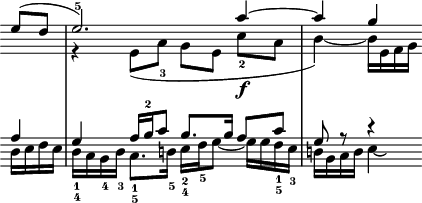 % 原圖：File:BachFugueBar.png；BWV 862 正式部分 m6
% 參考咗：https://imslp.org/wiki/File:Prefug17.pdf
S = \transpose c c'' {
	\voiceOne \hide Hairpin \< \partial 4 ees8([des] | ees2.)^5 aes4~\f | aes4) g
}
A = \transpose c c' {
	\voiceTwo \partial 4 s4 | r4 ees8([aes_3] g[ees] c'_2[aes] | bes4~) bes16[ees f g]
}
T = \absolute { \voiceThree \partial 4 aes4 | g4 aes16[bes^2 c'8] bes8.[bes16] aes8[c'] | g8 r r4 }
B = \absolute {
	\voiceFour \partial 4 des16[ees f ees] |
	des16_1_4[c bes,_4 des_3] c8._1_5[d16_5] ees16_2_4[f_5 g8~] g16[g f_1_5 ees_3] |
	d16[bes, c d] ees4\laissezVibrer
}
\header { tagline = "" }
\score {
	\layout {
		line-width = 12.1\cm ragged-last = ##f
		\context { \Score \remove System_start_delimiter_engraver }
		\context { \PianoStaff \remove System_start_delimiter_engraver }
	}
	\new PianoStaff <<
		\new Staff \with {
			\remove Clef_engraver \remove Time_signature_engraver
			\override KeySignature.stencil = ##f
		} <<
			\new Voice { \key aes \major \S }
			\new Voice { \A }
		>>
		\new Staff \with {
			\remove Clef_engraver \remove Time_signature_engraver
			\override KeySignature.stencil = ##f
		} <<
			\new Voice { \key aes \major \clef bass \T }
			\new Voice { \B }
		>>
	>>
}
\score {
	\midi { \tempo 4 = 96 } % per Carl Czerny (1893)
	<< << \S \A >> << \T { \B s4 } >> >> % dummy rest added to prevent abrupt cutoff
}
