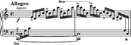 
\new PianoStaff <<
\new Staff = "Up" \with { \magnifyStaff #3/4 } <<
\new Voice \relative c' {
s^\markup{\italic legato} \f
}
\new Voice \relative c' {
\clef treble
\tempo "Allegro"
\set Score.tempoHideNote = ##t \tempo 4 = 176
\key c \major
\time 4/4
\change Staff = "Down"
b16 \rest \sustainOn c, g' c
\change Staff = "Up"
e->-. c g' c e->-. c g' c
\ottava #1
\set Staff.ottavation = #"8va"
e->-. c g' c e->-. c g c,
\ottava #0
e->-. c g c, e->-. c g c, e->-. c
\change Staff = "Down"
g c, \sustainOff
}>>
\new Staff = "Down" \with { \magnifyStaff #3/4 } \relative c {
\clef bass
\time 4/4
\key c \major
\tieDown
<c c,>1~<c c,>
}
>>
