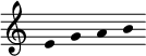 
\language "deutsch"
\new Staff \with { \remove "Time_signature_engraver" \remove Bar_engraver }   
\relative c' {
  \set Score.tempoHideNote = ##t
  \set Staff.midiInstrument = #"tubular bells" 
  \hide Stem 
  \tempo 4 = 45 
  e g a h
}
