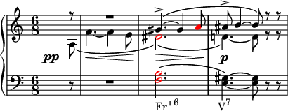 
    {
      \new PianoStaff <<
        \new Staff <<
            \new Voice \relative c'' {
                \clef treble \key a \minor \time 6/8
                \voiceOne \partial8 r8 R2. gis4.->(~ gis4 \once \override NoteHead.color = #red a8 ais8-> b4~ b8) r r
                }
            \new Voice \relative c' {
                \override DynamicLineSpanner.staff-padding = #4.5
                \once \override DynamicText.X-offset = #-5
                \voiceTwo \partial8 a\pp( f'4.~\< f4 e8 \once \override NoteHead.color = #red dis2.)(\> d!4.)~\p d8 r r
                }
            >>
        \new Staff <<
            \relative c {
                \clef bass \key a \minor \time 6/8
                \partial8 r8 R2. \once \override NoteHead.color = #red <f b>2.(_\markup { \concat { "Fr" \raise #1 \small "+6" \hspace #8 "V" \raise #1 \small "7" } } <e gis>4.)~ <e gis>8 r r
                }
            >>
    >> }
