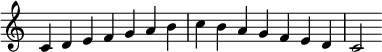  {
\override Score.TimeSignature #'stencil = ##f
\relative c' {
 \clef treble \key c \major \time 7/4 c4 d e f g a b c b a g f e d c2
} }
