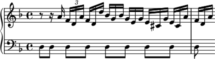 % 原圖：File:Pedal tone Bach - BWV 851, m.1-2.png
% 參考咗：https://imslp.org/wiki/File:Pre_fug6.pdf
S = \transpose c c' {
		\key f \major r8 r16 a \tuplet 3/2 8 {
			f[d a] \hide TupletNumber f[d d'] bes[g bes] g[e g] e[cis g] e[cis a]
		} | \tuplet 3/2 { f[d a] }
	}
B = \absolute { \key f \major \clef bass d8[d] d[d] d[d] d[d] | d }
\header { tagline = "" }
\score {
	\layout { line-width = 12.1\cm ragged-last = ##f }
	\new PianoStaff <<
		\new Staff { \S }
		\new Staff { \B }
	>>
}
\score {
	\midi { \tempo 4 = 66 } % per Carl Czerny (1893)
	<< \S { \B s4 } >> % dummy rest added to prevent abrupt cutoff
}
