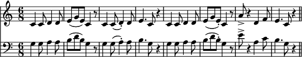 % 原圖：File:Pop Goes the Weasel updated.png
% 參考咗：https://archive.org/details/lowes-selection-of-popular-country-dances/page/15/mode/1up
S = \transpose c c' {
	\time 6/8 c4 c8 d4 d8 | e8([g e)] c4 r8 | c4 c8(d4-.) d8 | e4. c8 r4 |
	c4 c8 d4 d8 | e8([g e-.]) c4 r8 | a8-> r4 d4 f8 | e4. c8 r4 \bar "||"
}
\header { tagline = "" }
\score {
	\layout { indent = 0 line-width = 14.8\cm ragged-last = ##f }
	<<
		\new Staff { \S }
		\new Staff { \clef bass \transpose c g, \S }
	>>
}
\score {
	\midi { \tempo 4 = 144 \context { \Score midiReverbLevel = 0.5 }}
	<<
		\new Staff { \S s4 } % dummy rest added to prevent abrupt cutoff
		\new Staff {
			\set Staff.midiMaximumVolume = 0.75
			\set Staff.midiInstrument = #"harmonica"
			\transpose c g, \S
		}
	>>
}
