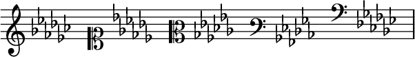 { \new Staff \with{ \magnifyStaff #3/2 } << \time 5/16 \override Score.TimeSignature #'stencil = ##f { \clef french \key ges \major s16 \clef soprano \key ges \major s16 \clef mezzosoprano \key ges \major s16 \clef varbaritone \key ges \major s16 \clef subbass \key ges \major s16  } >> }