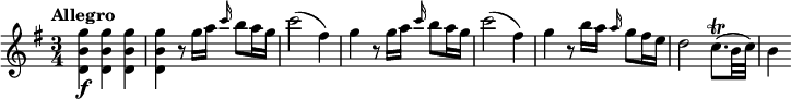 
\relative c''' {
  \version "2.18.2"
  \tempo "Allegro"
  \key g \major
  \time 3/4
  \tempo 4 = 120
  <g b, d,>4\f q q |
  q4 r8 g16 a \grace c16 b8 a16 g |
  c2( fis,4) |
  g4 r8 g16 a \grace c b8 a16 g |
  c2( fis,4) |
  g4 r8 b16 a \grace a g8 fis16 e |
  d2 c8.(\trill b32 c) |
  b4
}
