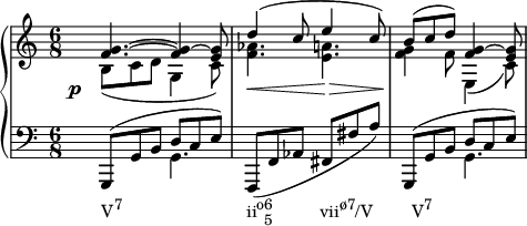  {
   #(set-global-staff-size 16)
   \new PianoStaff <<
      \new Staff <<
         \new Voice \relative c' {
             \stemUp \clef treble \key c \major \time 6/8
             <f g>4.^~ <f g>4^~ <e g>8
             d'4^( c8 e4 c8)
             b^( c d) <f, g>4^~ <e g>8
             }
         \new Voice \relative c' {
             \stemDown
              \override DynamicText.X-offset = #-4
              \override DynamicLineSpanner.staff-padding = #4
              b8_(\p c d g,4 c8)
             <f aes>4.\< <e a>4.\>
             <f g>4\! f8 e,4_( c'8)
              }
            >>
     \new Staff <<
         \new Voice \relative c, {
             \clef bass \key c \major \time 6/8
             \stemUp g8^( g' b d c e)
             \stemNeutral f,,( f' aes fis fis' a)
             \stemUp g,,8^( g' b d c e)
             }
         \new Voice \relative c {
             \stemDown
             s4._\markup { \concat { "V" \raise #1 \small "7" \hspace #16 "ii" \raise #1 \small "o" \combine \raise #1 \small 6 \lower #1 \small 5 \hspace #6 "vii" \raise #1 \small "ø7" "/V" \hspace #5 "V" \raise #1 \small "7" } }  g s2. s4. g
             }
         >>
    >>

}
