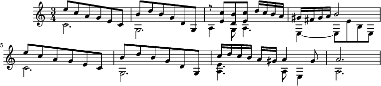 
\header {
  tagline = ##f
}

\score {
  \new Staff \with {

  }
<<
  \relative c' {
    \key c \major
    \time 3/4
    \override TupletBracket #'bracket-visibility = ##f 
    \autoBeamOff
    \tempo 4 = 80
    \set Staff.midiInstrument = #"orchestral harp"

     %%%%%%%%%%%%%%%%%%%%%%%%%% Luys de Narváez
     %%%%% Diferencias sobre Guárdame las Vacas

           <<
                 \new Voice                                
                 \relative c''
                 {       \voiceOne 
                         e8 c a g e c b' d b g d g, r8 < c' e, >8 < b d, >8 < c e, >8 d16 c b a gis fis gis a b2 e8 c a g e c b' d b g d g, c'16 d c b a gis a4 gis8 a2.
                 }
                                        
                 \new Voice              
                 \relative c'
                 {      \voiceTwo          
                         c2. g a4 g8 a4. e4~ e8 e' b e,
                         c'2. g < a e' >4. a8 e4 a2.       
                 }
         >>
  }
>>
  \layout {
    \context { \Score \remove "Metronome_mark_engraver" }
    \context {
      \remove "Metronome_mark_engraver"
    }
  }
  \midi {}
}
