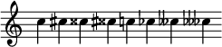  { \new Staff \with { \remove "Time_signature_engraver" } \clef treble \key c \major \cadenzaOn c''4 cis'' cisis'' \once\override Accidental.stencil = #ly:text-interface::print \once\override Accidental.text = \markup\concat{ \sharp \doublesharp } cis'' c''! ces'' ceses'' \once\override Accidental.stencil = #ly:text-interface::print \once\override Accidental.text = \markup\concat{ \flat\flat\flat } ces'' } 