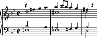 
\version "2.14.2"
\header {
  tagline = ##f
        }
upper = \relative c'' {
  \clef treble
  \key g \minor
  \time 2/2
  \tempo 2 = 104
  %\autoBeamOff

       <<
         {
           \voiceOne
           r4 fis g a bes c8 bes a4 g fis r4
         }
         \new Voice {
           \voiceTwo
           d1 cis d2
         }
       >>
                }

lower = \relative c' {
  \clef bass
  \key g \minor
  \time 2/2

       <<
         {
           \voiceOne
           bes2. a4 g2 fis4 g a2
         }
         \new Voice {
           \voiceTwo
           e1 es! d2
         }
       >>
}

\score {
  \new PianoStaff <<
    \new Staff = "upper" \upper
    \new Staff = "lower" \lower
  >>
  \layout {
    \context {
      \Score
      \remove "Metronome_mark_engraver"
    }
  }
  \midi { }
}
