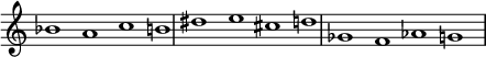 
{
\override Score.TimeSignature
#'stencil = ##f
\override Score.SpacingSpanner.strict-note-spacing = ##t
  \set Score.proportionalNotationDuration = #(ly:make-moment 3/2)
    \relative c'' {
        \time 4/1
        \set Score.tempoHideNote = ##t \tempo 1 = 60
        bes1 a c b!
        dis e cis d
        ges, f aes g
    }
}
