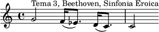 \relative c' {g'2^"Tema 3, Beethoven, Sinfonia Eroica" f16( ees8.) d16( c8.) c2} 