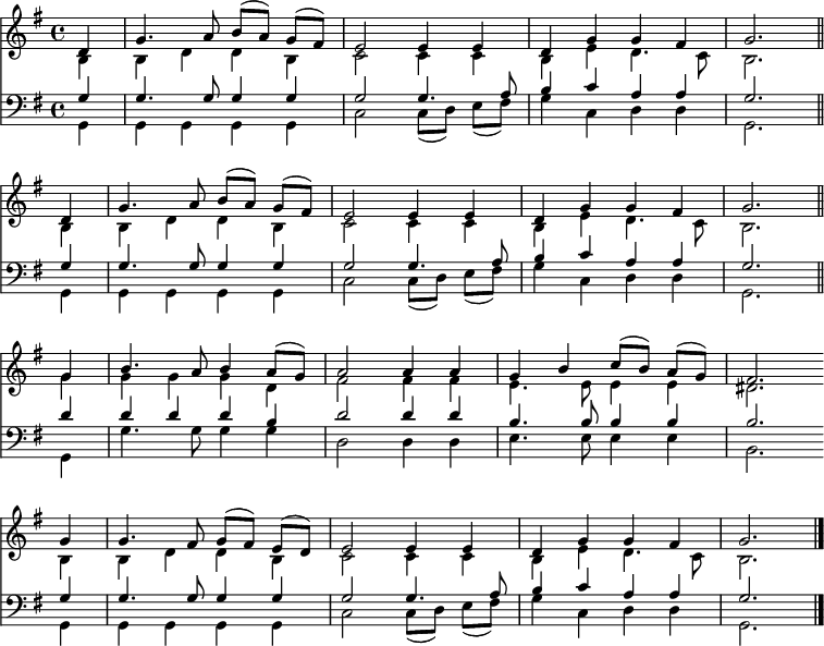 
<< <<
\new Staff { \clef treble \time 4/4 \partial 4 \key g \major \set Staff.midiInstrument = "church organ" \set Score.tempoHideNote = ##t \override Score.BarNumber  #'transparent = ##t
  \relative c' \repeat unfold 2 { 
  << { d4 | g4. a8 b[( a)] g( fis) | e2 e4 e | d g g fis | g2. \bar"||" \break } \\ 
  { b,4 | b d d b | c2 c4 c | b e d4. c8 | b2.}
  >> }
  \relative c''
  << { g4 | b4. a8 b4 a8( g) | a2 a4 a | g b c8[( b)] a [( g)] | fis2.
  g4 | g4. fis8 g[( fis)] e( d) | e2 e4 e | d g g fis | g2. \bar"|." } \\
  { g4 | g g g d | fis2 fis4 fis | e4. e8 e4 e | dis2. \bar"" \break
  b4 | b d d b | c2 c4 c | b e d4. c8 | b2. } >>
}
\new Staff { \clef bass \key g \major \set Staff.midiInstrument = "church organ"
  \relative c' \repeat unfold 2 {
  << { g4 | g4. g8 g4 g | g2 g4. a8 | b4 c a a | g2. } \\
  { g,4 | g g g g | c2 c8[( d)] e( fis) | g4 c, d d | g,2. } >> }
\relative c'
  << { d4 | d d d b | d2 d4 d | b4. b8 b4 b | b2.
  g4 | g4. g8 g4 g | g2 g4. a8 | b4 c a a | g2. } \\
  { g,4 | g'4. g8 g4 g | d2 d4 d | e4. e8 e4 e | b2.
  g4 | g4 g g g | c2 c8[( d)] e( fis) | g4 c, d d | g,2. } >>
}
>> >>
\layout { indent = #0 }
\midi { \tempo 4 = 110 }
