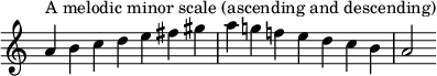  {
\override Score.TimeSignature #'stencil = ##f
\relative c'' {
  \clef treble \key a \minor \time 7/4
  a4^\markup "A melodic minor scale (ascending and descending)" b c d e fis gis a g! f! e d c b a2
} }
