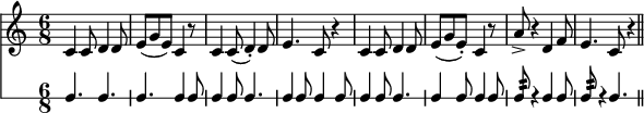 % 原圖：File:Pop Goes the Weasel updated.png
% 參考咗：https://archive.org/details/lowes-selection-of-popular-country-dances/page/15/mode/1up
S = \transpose c c' {
	\time 6/8 c4 c8 d4 d8 | e8([g e)] c4 r8 | c4 c8(d4-.) d8 | e4. c8 r4 |
	c4 c8 d4 d8 | e8([g e-.]) c4 r8 | a8-> r4 d4 f8 | e4. c8 r4 \bar "||"
}
Tambourine = \drummode {
	tamb4. tamb | tamb4. tamb4 tamb8 |
	\repeat unfold 2 { tamb4 tamb8 tamb4. | tamb4 tamb8 tamb4 tamb8 | }
	\repeat tremolo 4 { tamb32 } r4 tamb4 tamb8 | \repeat tremolo 4 { tamb32 } r4 tamb4.
}
\header { tagline = "" }
#(define (exp n) (make-music 'ContextSpeccedMusic 'context-type 'Staff 'element
  (make-music 'PropertySet 'value n 'symbol 'midiExpression))) % \set Staff.midiExpression = #n
\score {
	\layout {
		indent = 0 line-width = 14.8\cm ragged-last = ##f
		\context { \Score \override SpacingSpanner.spacing-increment = #1/2 }
	}
	<<
		\new Staff \S
		\new RhythmicStaff \Tambourine
	>>
}
\score {
	\midi { \tempo 4 = 144 \context { \Score midiReverbLevel = 0.5 }}
	<<
		\new Staff <<
			{
				\S s4 % dummy rest added to prevent abrupt cutoff
			}{ % MIDI control channel
				\set Staff.midiInstrument = "fiddle" 
				\repeat unfold 6 {
					#(exp 0.95) s8 #(exp 0.82) s4 #(exp 0.88) s8 #(exp 0.8) s4
				}
				#(exp 1) s4. #(exp 0.88) s8 #(exp 0.8)		% m7
				#(exp 0.95) s4. #(exp 0.88) s8 #(exp 0.75)	% m8
			}
		>>
		\new DrumStaff <<
			{
				\unfoldRepeats { \Tambourine }
			}{ % MIDI control channel
				\set Staff.midiMaximumVolume = 0.75
				#(exp 0.6) s4. #(exp 0.72) s	% m1
				#(exp 0.85) s #(exp 1) s		% m2
				\repeat unfold 4 { #(exp 1) s4 #(exp 0.85) s8 #(exp 0.95) s4 #(exp 0.8) s8) }
				\repeat unfold 2 {
					#(exp 1) s32 \repeat unfold 3 {
						#(exp (div (add 80 (random 20)) 100))) s
					}
					s4 #(exp 0.75) s4 #(exp 0.5) s8
				}
			}
		>>
	>>
}
