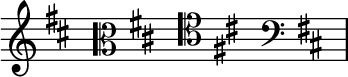 { \new Staff \with{ \magnifyStaff #3/2 } << \time 4/16 \override Score.TimeSignature #'stencil = ##f { \clef treble \key d \major s16 \clef alto \key d \major s16 \clef tenor \key d \major s16 \clef bass \key d \major s16 } >> }