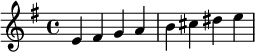  \relative c' { \clef treble\key e \minor e fis g a | b cis dis e } 