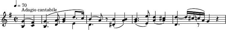 
\version "2.18.2"
\new Staff \with {midiInstrument = #"violin"} {
  \relative c'{
  \key g \major
  \time 2/2
  \tempo 4 = 70
  \tempo "Adagio cantabile"
  \partial 2 <<{b4 c b4. d8 g4 \stemDown e d4. } \\ { \stemUp g4 ^ \markup {Adagio cantabile} ^ (fis) g4. ^ (a8 b4 d8. c16) b4   ^(a8) }>> r8
  <<dis,4 (b'-.>> <<a b-.)>> <<g4. (b>> <<e,8 e')>>  \stemUp <<a,4 (d>> <<a4 cis)>>
   <<{d,4. d8\rest } \\ { \stemUp  d'4 ~ d16 ^(cis c a)}>> g4 r
  }
}
  \midi {
    \context {
      \Score
    }
  }
