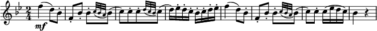  {\relative f'' { \key bes \major \time 2/4
f4( \mf d8) bes-. | f8-. bes-. bes-.[ \appoggiatura { c32 bes a } bes8(]
c8)[ c-. c-. \appoggiatura { d32 c bes } c8(] | d16) es-. d-. c-. bes-. c-. d-. es-.
f4( d8) bes-. | f8-. bes-. bes-.[ \appoggiatura { c32 bes a } bes8(]
c8) c-. c16( es d c) | bes4 r}}