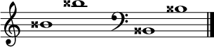 
\new Staff \with
{
  \omit TimeSignature
  fontSize = #2
  \override StaffSymbol.staff-space = #1.25
  \override StaffSymbol.thickness = #1.25
  \override Clef.full-size-change = ##t
  \override BarLine.hair-thickness = #2.4
  \override BarLine.thick-thickness = #7.5
  \override BarLine.kern = #3.75
  \override BarLine.transparent = ##t
}
{
  \time 18/8
  \clef treble
  s8
  bisis'1 bisis''
  s8
  \grace s8
  \clef bass
  \bar "|"
  s8
  bisis,1 bisis
  \override Staff.BarLine.transparent = ##f
  \bar "|."
}
