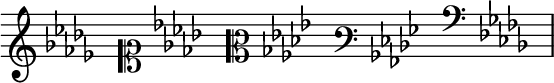 { \new Staff \with{ \magnifyStaff #3/2 } << \time 5/16 \override Score.TimeSignature #'stencil = ##f { \clef french \key des \major s16 \clef soprano \key des \major s16 \clef mezzosoprano \key des \major s16 \clef varbaritone \key des \major s16 \clef subbass \key des \major s16  } >> }