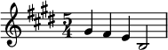  \relative c'' {\time 5/4 \key e \major gis4 fis e b2 |}