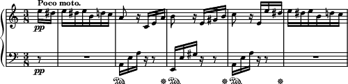  { \new PianoStaff << \new Staff \with { midiInstrument = "acoustic grand" \magnifyStaff #5/7 } \relative c'' { \clef treble \hide Score.MetronomeMark \time 3/8 \tempo 8 = 116 \partial 8 e16\pp^\markup { \bold "Poco moto." } dis | \tempo 8 = 128 e16 dis \tempo 8 = 156 e b d c | a8 r16 c, e a | b8 r16 e, gis b | c8 \tempo 8 = 132 r16 e, e' dis | \tempo 8 = 144 e16 dis\tempo 8 = 156 e b d c | } \new Staff \with { \magnifyStaff #5/7 midiInstrument = "acoustic grand" } \relative c { \clef bass \partial 8 r8\pp | R4. a16 e' a r16 r8 | e,16 e' gis r16 r8 | a,16 e' a r16 r8 | R4. | } \new Dynamics = "pedalOne" { \magnifyMusic #5/7 { \partial 8 s8 | s4. | s4\sustainOn s16. s32\sustainOff | \once \override SustainPedal.extra-offset = #'(0.8 . 0) s4\sustainOn s16. s32\sustainOff | \once \override SustainPedal.extra-offset = #'(0.8 . 0) s4\sustainOn s16. s32\sustainOff | s4. | } } >> } 