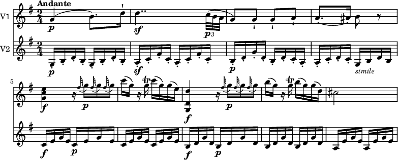 
<<
\new Staff \with { instrumentName = #"V1 "}
   \relative c'' {
   \version "2.18.2"
   \key g \major
   \time 2/4
   \tempo "Andante"
   \tempo 4 = 50	
    g4\p (b8.) d16-!
    d4..\sf \tuplet 3/2 {c32\p (b a} g8) g-! g-! a-!
    a8. (ais16) b8 r8
    <g c e>4\f r16  \grace fis'32 (g16)\p  \grace fis32 (g16)  \grace fis32 (g16)
    c (g) r16 g\trill c (g) g (e)
    <g,, d' d'>4\f r16  \grace fis''32 (g16)\p  \grace fis32 (g16)  \grace fis32 (g16)
     b (g) r16 g\trill b (g) g (d)
     cis2
}
\new Staff \with { instrumentName = #"V2 "} 
   \relative c'' {
   \key g \major
   \time 2/4
     g,16-.\p b-. d-. b-. g-. b-. d-. b-.
     a-.\sf c-. fis-. c-. a-. c-. fis-. c-.
      b-.\p d-. g-. d-.  b-. d-. c-. a-.
       a-. c-. d-. c-. g_\markup{\italic \small simile} b d b
       c\f e g e c\p e g e
       c e g e c e g e
       b\f d g d b\p d g d
       b d g d b d g d
       a e' g e a, e' g e
}
>>
