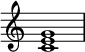 
{
\override Score.TimeSignature #'stencil = ##f
\relative c' {
   \clef treble
   \time 4/4
   \key c \major
   <c e g>1
   }
}
