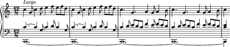 
\new GrandStaff <<
\new Staff = "up"
\relative c'' {
\time 12/8
\set Staff.midiInstrument = #"church organ"
  \override TupletBracket #'stencil = ##f
  \override Score.BarNumber #'stencil = ##f
\set Score.tempoHideNote = ##t \tempo 4. = 50
\key c \major
\bar " "
c4^\markup { \column { \italic Largo} }  g8 c4 d8 e4 f8 e f d | c4 g8 c4 d8 e4 f8 e f d | c4. g a4 g8 a4 b8  | c4. g a4 g8 a4 b8 | c4

 }
%Venstre hånd hånd*************************************
\new Staff = "down" \relative c {
\key c \major
\set Staff.midiInstrument = #"church organ"
  \override TupletBracket #'stencil = ##f
  \override Score.BarNumber #'stencil = ##f
\clef bass
<< {c'4.~ c4 g8 c4 d8 c4 g8 |c4.~ c4 g8 c4 d8 c4 g8|c4 d8 e d c f4 e8 f e d | c4 d8 e d c f4 e8 f e d |<c e>4}
   \\
{c,,1.~ |c1.~ |c1.~|c1.~|c4} >>
}
>>