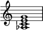 
{
\override Score.TimeSignature #'stencil = ##f
\relative c' {
   \clef treble 
   \time 4/4
   \key c \major
   <as c e g>1
} }
