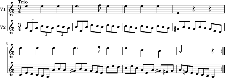 
<< \new Staff \with { instrumentName = #"V1 "}
    \relative c'' {
    \version "2.18.2"
    \key c \major 
    \tempo "Trio"
    \time 3/4
    \tempo 4 = 100
  e4 e e e4. f8 e4 e e e e, r r
  e' e e e4. f8 e4 e c b a2 r4 \bar ":|."
}
\new Staff \with { instrumentName = #"V2 "}
\relative c'' {
    \key c \major 
    \set Staff.midiMinimumVolume = #0.2 \set Staff.midiMaximumVolume = #0.5
    \tuplet 3/2 {a8 e a} \tuplet 3/2 {c b a} \tuplet 3/2 {c b a}
    \scaleDurations 2/3 {b e, b'}  \scaleDurations 2/3 {d c  b}  \scaleDurations 2/3 {d c  b}
    \repeat unfold 3 {  \scaleDurations 2/3 { c  b a}}
    \scaleDurations 2/3 {gis b a}  \scaleDurations 2/3 {gis b a}  \scaleDurations 2/3 {gis e d}
    \scaleDurations 2/3 {c e d}  \scaleDurations 2/3 {c b a}  \scaleDurations 2/3 {a' b a}
    \scaleDurations 2/3 {gis b a}  \scaleDurations 2/3 {gis f e}  \scaleDurations 2/3 {d' e d}
    \scaleDurations 2/3 {c e c}  \scaleDurations 2/3 {a e a}  \scaleDurations 2/3 {gis fis gis}
    \scaleDurations 2/3 {a f! e}  \scaleDurations 2/3 {d c b} a4 \bar ":|."
 }
>>
