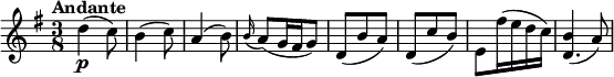 
\relative c'' {
    \version "2.18.2"
    \key g \major
    \numericTimeSignature
    \time 3/8
    \tempo "Andante"
    \tempo 4 = 60
    d4\p^ (c8)
    b4 (c8)
    a4 (b8)
    \grace b16 (a8) (g16 fis g8)
    d (b' a)
    d, (c' b)
    e, fis'16 (e d c)
    <<\relative {b'4 (a8) }\relative {d'4.}>>
  }
