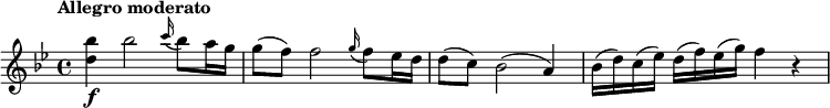 
\relative c''' { \set Score.tempoHideNote = ##t \tempo "Allegro moderato"  4 = 132
 \key bes \major
  <bes d,>4\f bes2 \grace c16( bes8) a16 g | g8( f) f2 \grace g16( f8) es16 d | d8( c) bes2( a4) | bes16(d) c(es) d(f) es(g) f4 r
}
