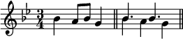 
    \new Staff <<
       \mergeDifferentlyHeadedOn
       \mergeDifferentlyDottedOn
       \new voice \relative c'' {
          \set Score.tempoHideNote = ##t \tempo 4 = 136
          \key g \minor
          \time 3/4
       
          bes4 a8 bes g4 \bar "||"
          \stemDown bes4 a g \bar "||"
       }
       \new voice \relative c'' {
          s2.
          \stemUp bes4. bes
       }
    >>
