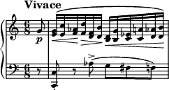 
\new PianoStaff <<
\new Staff = "Up" \with { \magnifyStaff #3/4 } <<
\new Voice \relative c' {
\clef treble
\tempo "Vivace"

\set Score.tempoHideNote = ##t \tempo 4. = 84

\time 6/8
\key c \major
\partial 8
g'8 \p <e g>16 \< ^(<e c'> <f aes> \! <f d'> \> <d f> <d b'> \! <b d> \< <b g'> <c ees> <c a'> <d aes'> <d b'> \!)
}
>>
\new Staff = "Down" \with { \magnifyStaff #3/4 } <<
\new Voice \relative c{
\clef bass
\key c \major
r8 <c, c'>-. r aes''->(g fis f)
}
>>
>>
