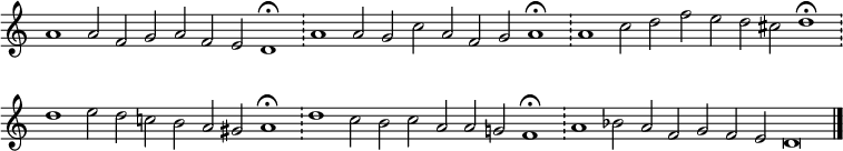 
{ \key c \major
\time 64/2
\set Score.tempoHideNote = ##t
\tempo 2=100
\set Staff.midiInstrument = "english horn"
\omit Score.TimeSignature
\override Score.BarNumber #'transparent = ##t
 a'1 a'2 f' g' a' f' e' d'1\fermata \bar "!" a'1 a'2 g' c'' a' f' g' a'1\fermata \bar "!" a' c''2 d'' f'' e'' d'' cis'' d''1\fermata \bar "!" d''
 e''2 d'' c'' b' a' gis' a'1\fermata \bar "!" d'' c''2 b' c'' a' a' g' f'1\fermata \bar "!" a' bes'2 a' f' g' f' e' d'\breve\bar "|."}
