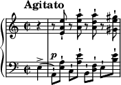 
\new PianoStaff <<
\new Staff = "Up" \with { \magnifyStaff #3/4 } <<
\new Voice \relative c' {
\clef treble
\tempo "Agitato"
\set Score.tempoHideNote = ##t \tempo 4 = 160

\key a \minor
\time 2/2
\partial 4
r4 r8 <e a e'>-! r <a e' a>-! r <a d a'>-! r <gis e' gis>-!
}
>>
\new Staff = "Down" \with { \magnifyStaff #3/4 } <<
\new Voice \relative c{
\clef bass
\key a \minor
\dynamicUp
e4-> (a,8-! \p) [<e' a>-!] c-! <a' e'>-! b,-! [<f' d>-!] e-! <b' e>-!
}
>>
>>
