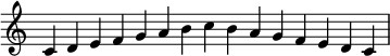 {\key c\major\time 4/1\override Staff.TimeSignature.stencil=##f \relative c'{c d e f g a b c b a g f e d c\bar "|"}}